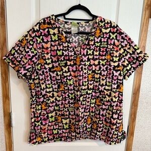 Colorful Butterfly Print Scrub Top